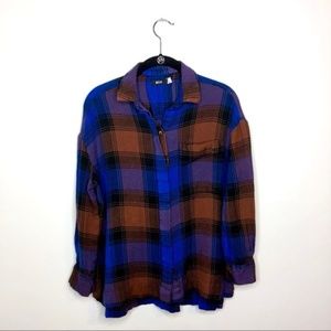 Urban Outfitters Blue, Brown, Black Plaid Long Sleeve Button-down Shirt Top XS